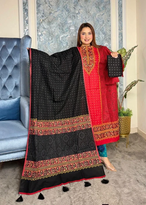 Primium Cotton unstiched Block Print Three pcs-BT-1007