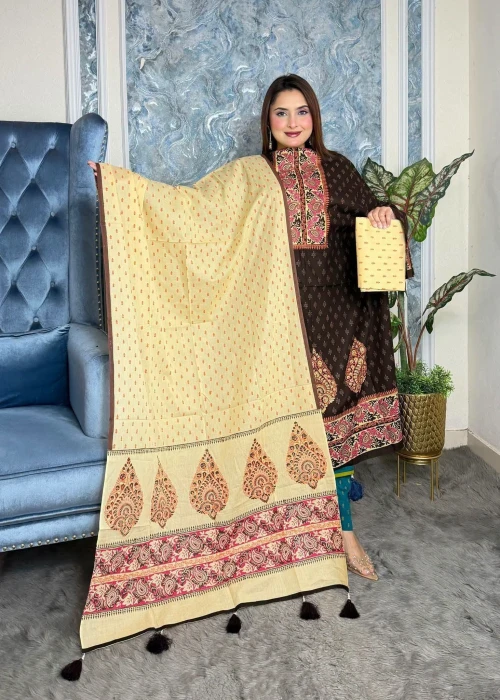 Primium Cotton unstiched Block Print Three pcs-BT-1008