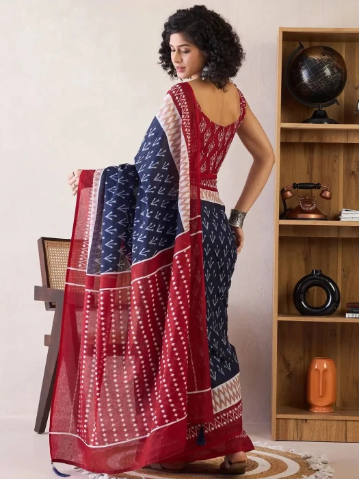 Traditional Block Design Digital Print Kota Doria Cotton Saree -  | P0389
