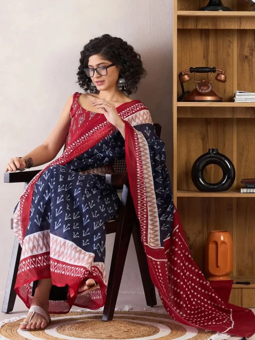 Traditional Block Design Digital Print Kota Doria Cotton Saree -  | P0389