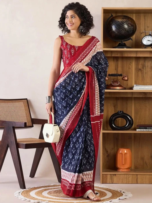 Traditional Block Design Digital Print Kota Doria Cotton Saree -  | P0389