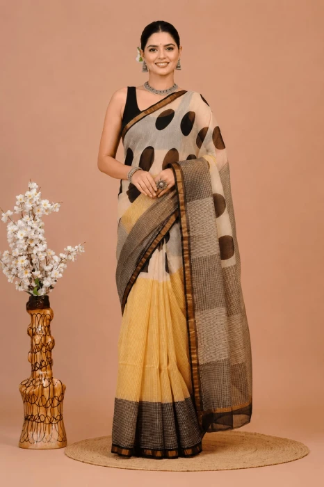 Traditional Block Design Digital Print Kota Doria Cotton Saree - Beige Color | P0383