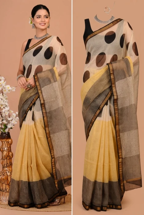 Traditional Block Design Digital Print Kota Doria Cotton Saree - Beige Color | P0383
