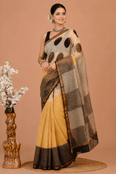Traditional Block Design Digital Print Kota Doria Cotton Saree - Beige Color | P0383