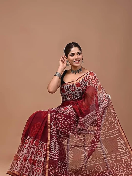 Traditional Block Design Digital Print Kota Doria Cotton Saree - Maroon Color | P0381
