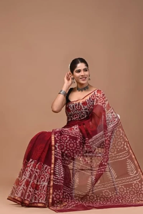 Traditional Block Design Digital Print Kota Doria Cotton Saree - Maroon Color | P0381